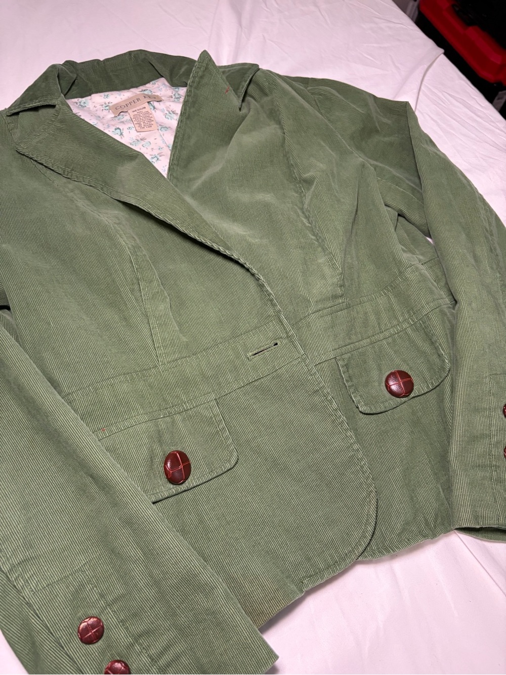 Copper Key Green Corduroy Jacket w/ Detailed Buttons. Floral Lining Size M